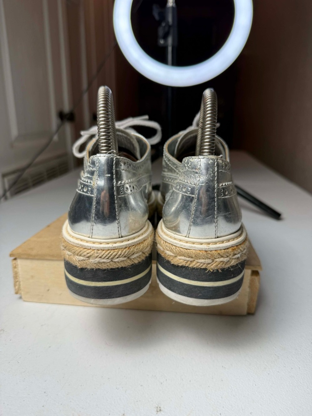 PRADA Platform Derby Dress Shoes Silver Chrome -  US 7 / EU 37 - Picture 13 of 15